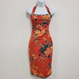 Karen Millen Womens Y2K Halter Midi Dress 4 Red Floral Square Neck Pinup Event